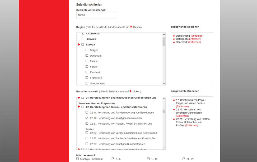 Anfrageformular Firmenadressen international