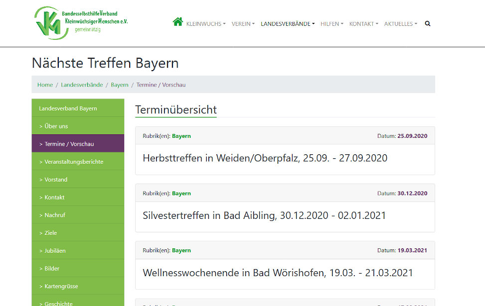 Terminübersicht eines Landesverbands